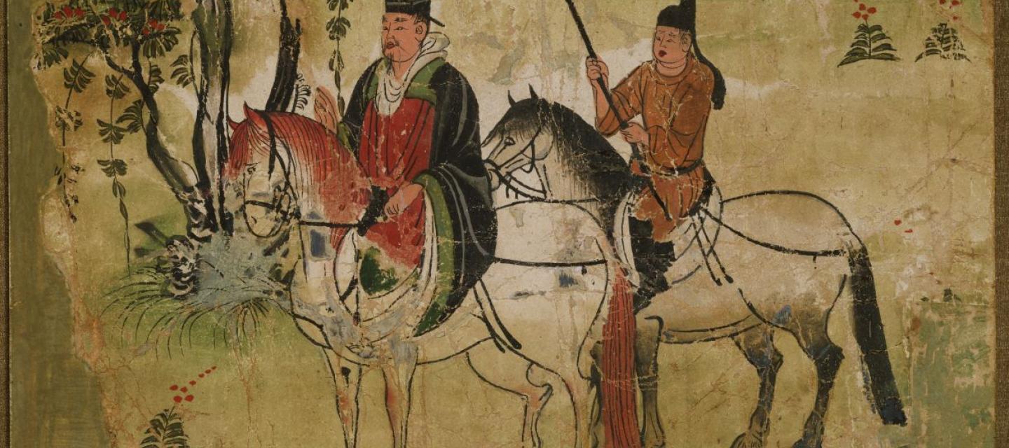 Peinture à l'encre de deux hommes à cheval sur les grottes de Mogao en Chine